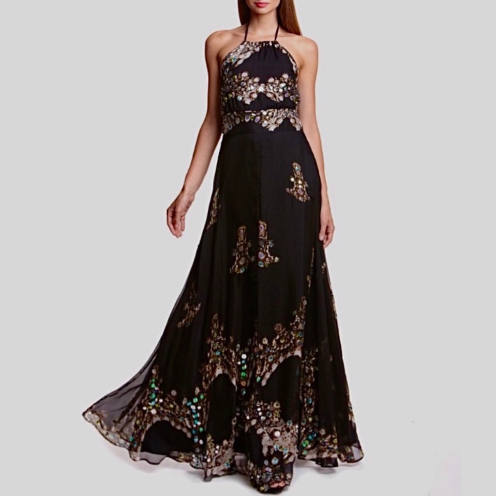 MEGHAN LA BLACK HALTER OPEN BACK SEQUIN CHIFFON SHEER EVENING GOWN